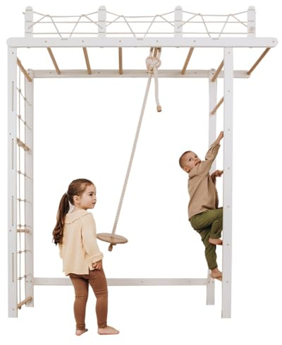 Wood And Hearts Schwedische Leiter, Klettergerüst Indoor, Indoor Kletterwand Kinder, Turngeräte in Weiß + natürliche Holzfarbe (Seil mit einem runden Sitz Weiß + Naturholz)