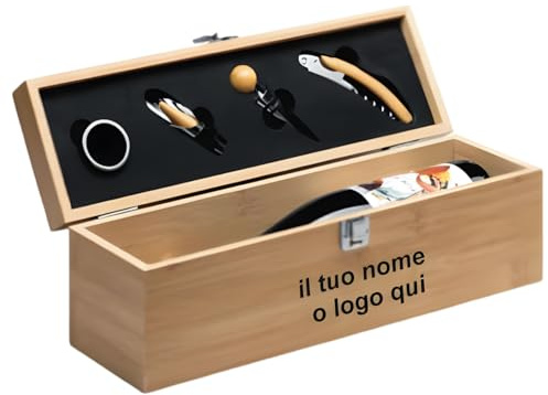 Cofanetto Vino Personalizzabile in Legno e Kit Accessori da Sommelier - Set Apribottiglie, Tagliacapsule, Tappo, Salva Goccia - Elegante Porta Vini - Idea Regalo Compleanno Uomo, Papà (Personalizzato)
