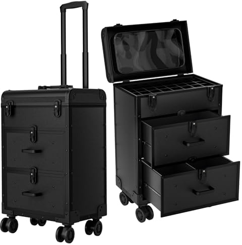 ALUROICE Large Rolling Makeup Train Case, Black, M, Muti-functional & Large Capacity Cosmetology Case on Wheels
