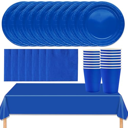 MOMAHUA 53 Stück Blau Partygeschirr Set für 16 Gäste,Papiergeschirr Set,Geburtstag Party Geschirr Set mit Tischdecke Pappteller Servietten Becher für Hochzeiten,Weihnachten Geburtstagsparty Deko