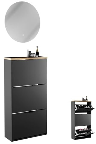 Planetmöbel Schuhschrank schmal, runder Spiegel mit Beleuchtung | 60 cm, (2 Lichtstufen) Schuhkommode mit 3 Klappen Schuhregal mit 6 Ablagen, Garderobe Set, 60 x 23 x 118 cm, schwarz