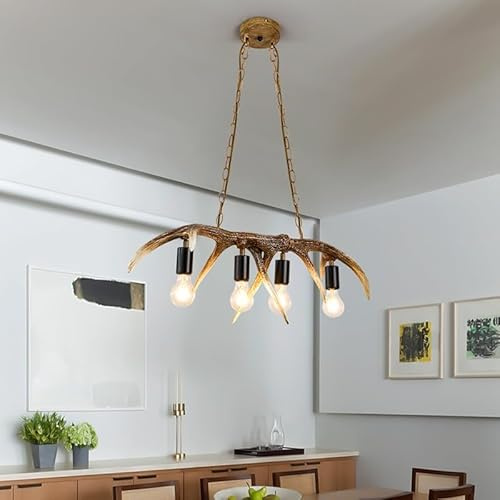 DOCJX Lámpara Colgante De Cuernos De Ciervo En Resina Y Vidrio – Estilo Vintage Industrial Ajustable En Altura para Comedor, Salón Y Dormitorio – Lámpara De Techo con 4 Bombillas E14(B)