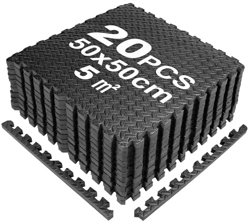 SROCHN 20PCS Bodenschutzmatten Puzzlematte 50X50X1cm mit Randstücken, 5㎡ rutschfest Eva Fitnessmatte Turnmatte Sportmatte Trainingsmatte (Schwarz)
