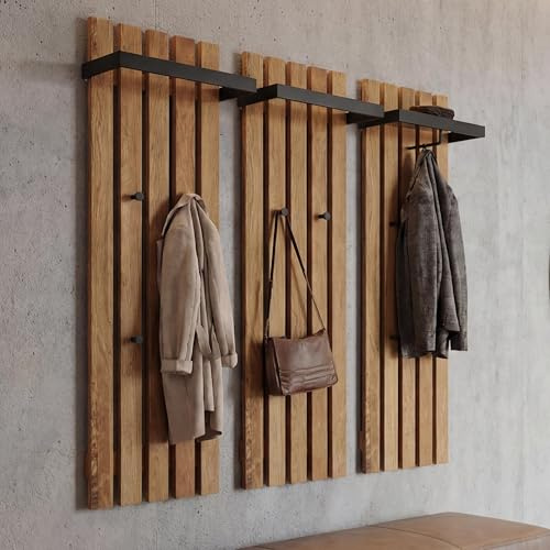 MCA 3er-Set Garderobenpaneel HWC-P57, Wandgarderobe Garderobenleiste Holzgarderobe, 4 Haken Metall 120x40cm, Eiche