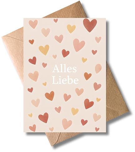 WBdesignz Alles Liebe Karte mit Umschlag - Süße Herz-Klappkarte in warmen Rosatönen für Geburtstag, Hochzeit, Valentinstag - romantische Glückwunschkarte für Frauen & Männer (DIN A6)