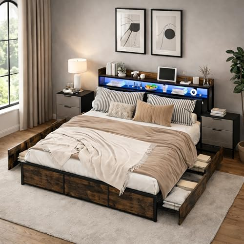 Hoscullo Modernes Polsterbett 180x200 cm mit LED und 4 Schubladen, Stauraumbett aus Kunstleder, Stabiles Doppelbett mit Metallrahmen und Lattenrost, Multifunktionales Jugendbett, Schwarz