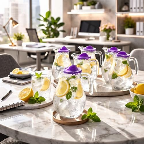 6 Pack Clear Glass Jugs with Handle Transparent Thick Glass Serving Pitcher with Spout for Cocktails, Juice, Water, Punch (6X Lavender Jugs)