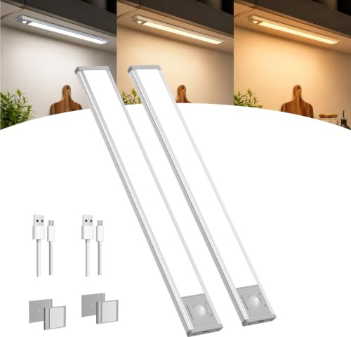 GOODEA Schrankbeleuchtung 30CM, Hochhell 3 CCT Küche Bewegungsmelder Licht | Dimmbar, 3 Modi, 1800mAh Aufladbar Unterbauleuchte Küche LED, Aluminium Unterschrank Beleuchtung mit Stark Magnet, 2 Stück