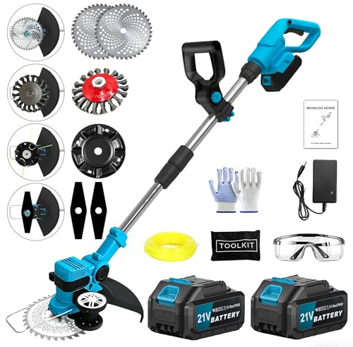 Akku Rasentrimmer kompatibel mit Makita-Akkus mit 4 verschiedenen Messertypen Bürstenloser Rasentrimmer mit 2 x 21V-Akkus Rasenkantenschneider Akku-Motorsense für Garten