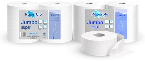 2 x Carta Igienica Jumbo Maxi per Dispenser, 12 Rotoli (2 Confezioni da 6), 800 Strappi per Rotolo, 2 Veli Pura Cellulosa, Rotoli Grandi Professionali per Bagno, Uffici, Studi Medici, Ristoranti
