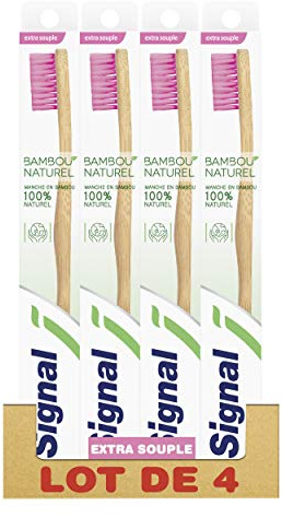 SIGNAL - Brosse à Dents Bambou Naturel - Brossage confortable & efficace - emballage en carton - Extra souple (lot de 4 brosses à dents)