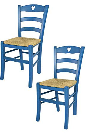 t m c s Tommychairs - 2er Set Stühle Cuore für Küche und Esszimmer, Robuste Struktur aus Buchenholz, in Anilinfarbe Blau lackiert und Sitzfläche aus Stroh