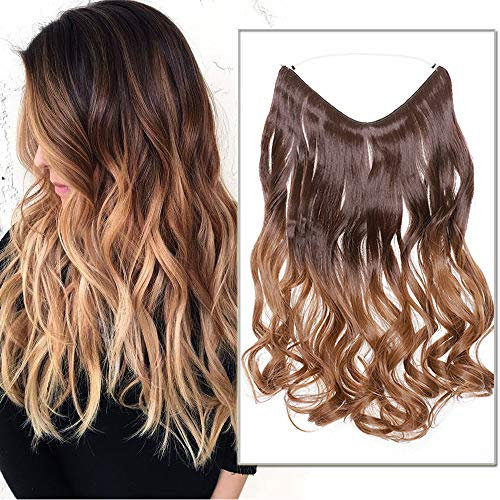 Haarverlängerung mit Gummiband, Silk-co Gewellte Extensions mit unsichtbare SchnurSynthetisch Haarteil wie Echthaar, Haarverdichtung Haar Extensions, Hellbraun zu Kastanienbraun, 50cm