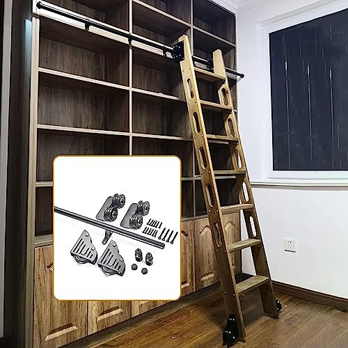 AYVADA Schwarzes, rustikales Schiebeleiter-Hardware-Kit für Bibliotheken (ohne Leiter), 3,3 bis 20 Fuß Rollleiter-Hardware-Kit für Bibliotheken mit Schiebeleiter + Verlängerungsschiene, mit Bodenro