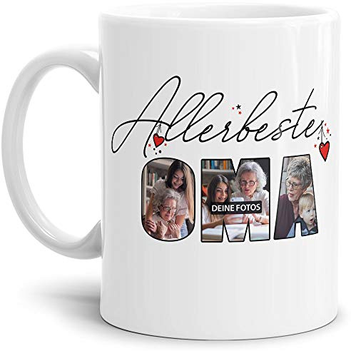 Tassendruck Fototasse mit Spruch - Allerbeste Oma - zum Selbst gestalten mit Foto-Collage für 3 Fotos, Weiß, 300 ml