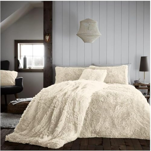 HOMES-LINEN Teddy Bear Fleece Long Fur Cuddles Alaska Luxury Duvet Cover Set Warm Cosy Soft Teddy Bedding Set (Cream, Double)