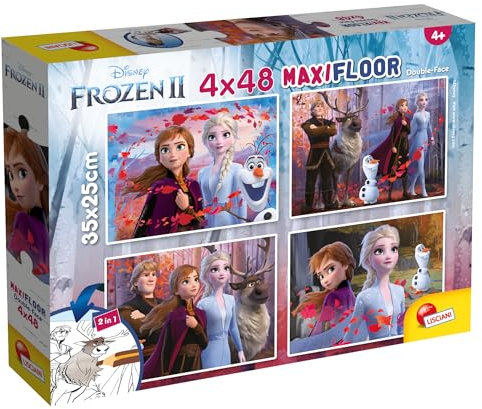 Lisciani - DISNEY Puzzle Die Schneekönigin - 4 Puzzles von 48 Stück - Double Face - Rückseite Zum Ausmalen - Pädagogisches Spiel - 35x25cm - Ab 4 Jahren - Hergestellt in Italien