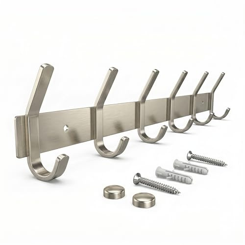 SAYONEYES Coat Rack Wall Mount with 6 Coat Hooks for Hanging - 17 Inch Heavy Duty SUS304 Stainless Steel Brushed Finish Waterproof – Wall Hook Rack for Bathroom Kitchen Entryway (Silver)