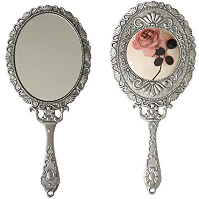 SEHAMANO Handspiegel mit Griff, kompakter Hand-Make-up-Spiegel, Rose Kosmetikspiegel (mattes Silber)