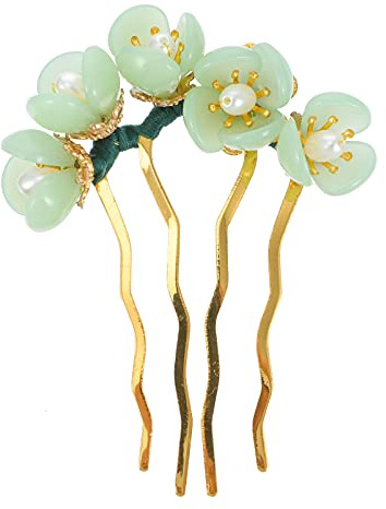 Lurrose Flower Hairpin Jade Hair Stick Kanzashi Chinese Chopsticks Headwear Traditional Chignon Pin for Kimono Yukata Hanfu Costume Hair Accessories