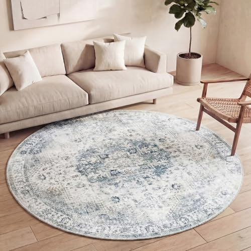 FRAAI | Home & Living Vintage Teppich Rund - Lago Grau - Ø 240 cm | Baumwolle, Polyester - Flachgewebe - Vintage - Klassik, Orientalisch - Wohnzimmer, Esszimmer, Schlafzimmer