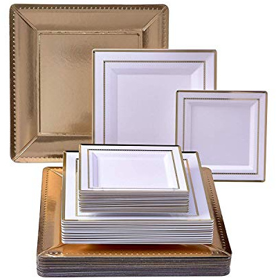 Silver Spoons DINNERWARE Set [20 Charger | 20 Dinner | 20 Side Plates] | Heavy Duty | Upscale Dining (Dazzling Square - Gold) 1826/SS
