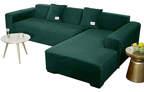 JHLD Stretch Samt Sofabezug L Form-Dunkelgrün-2 Sitzer+3 Sitzer