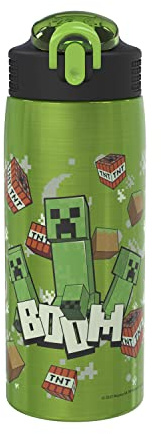 Zak Designs Minecraft Water Bottle for Travel and At Home, 19 oz Vacuum Insulated Stainless Steel with Locking Spout Cover, Built-In Carrying Loop, Leak-Proof Design (Creeper)