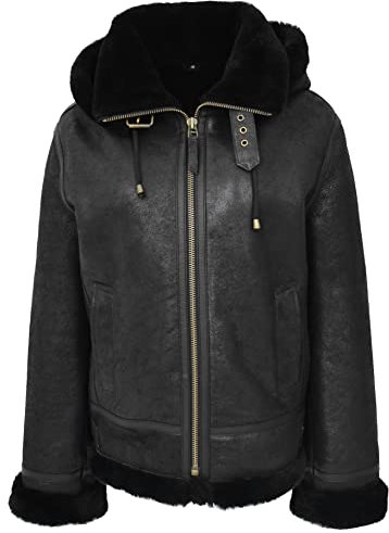 Divergent Retail DR248 Damen Echt Schaffell Winter Warm Jacke Schwarz, Schwarz , 42