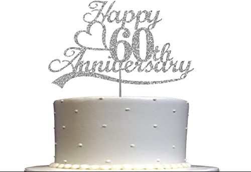 60 Anniversary Cake Topper Silver Glitter, Wedding Anniversary Party Decoration Ideas, Premium Quality, Sturdy Doubled Sided Glitter, Acrylic Stick. Made in USA (60th Silver)