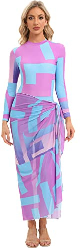 Muslimische Damen-Badeanzüge, Batik-Top, Badehose mit langem Sarong, Wickelrock, Bademode, bescheidener Badeanzug, 4 Stück, Blau + Rose, 4 Stück, Medium