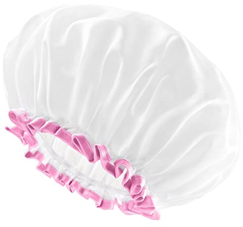 mikimini Weiße große Duschhaube für Frauen mit langem Haar, wiederverwendbar, wasserdicht, doppelschichtig, Badehaarhaube, weiches, lichtecht und dehnbar, Duschhaube, Größe XL, 1 Stück