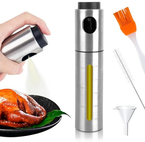 RUCUDIM Nebulizzatore Olio Spruzzatore Olio Acciaio Inossidabile 100 ml, Multifunzione Spruzzino Olio con Spazzole e Imbuto e pennello ad olio, Spruzzatore di Olio per Cucina Cucinare Forno BBQ