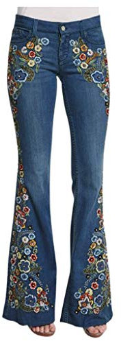 LOIJMK Jean évasé pour femme - Brodé - Slim - Jean évasé - Pour femme - Pantalon en jean évasé - Tendance - Streetwear - Pour le quotidien, bleu, M