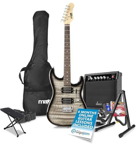 Max GigKit Quilt Top Electric Guitar Starter Pack, Amp, Footrest, Stand | Amplifier, gig bag, picks, strap, lightweight body, Beginner novice-friendly, 6-Month Lessons
