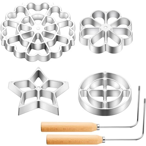 Ziliny Juego de 6 moldes de hierro roseta con asa, kit de fabricación de sellos de cocina, cortadores de galletas, moldes de gofres de aleación de aluminio con 3 cabezales intercambiables de estrella