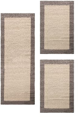 Carpetsale24 Bettumrandung Schlafzimmer 3 teilig Shaggy Hochflor Teppich Taupe Bettvorleger Schlafzimmer Bettset: 2 St. 60x110 cm | 1 St. 80x150 cm - Teppich Läufer Set Bordüre Design