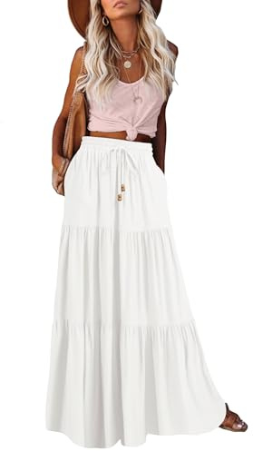 HAEOF Women's Summer Boho Maxi Skirt A-Line Flowy Ruffle Tiered Long Skirts with Pockets Fashion Beach Vacation Clothes(White, XL)