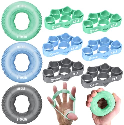 FitBeast Allenatore di Presa, Esercitatore per Dita, Rinforzatore per Avambraccio Kit - 9 Pezzi, Rinforzatore di Presa della Mano per Forza Mirata, Sollievo & Recupero (Verde)