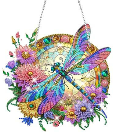 WakiHong 1 Set Libelle Diamond Malerei hängender Ornamente, Windspiele, Sonnenfänger Stiche für Garten-Dekoration, Wand, Fenster, Türen