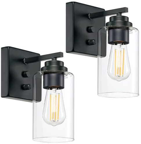 Loyareal Wall Sconces Set of Two, Wall Mounted Bedside Lamps with Rotary Switch, Matte Black Sconces Wall Lighting, Bathroom Light Fixtures with Clear Glass Shade, Wall Lights for Bedroom Living Room