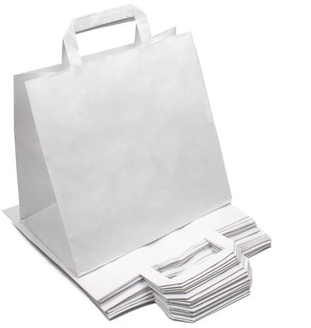 Daybays Papiertüten mit henkel 26+17x25 cm, Weiß 250 Stück | Kraftpapiertragetaschen mit Flachhenkeln, Papiertaschen für Einkauf, Verpackung, Geschenke, Lebensmittel und Alltag