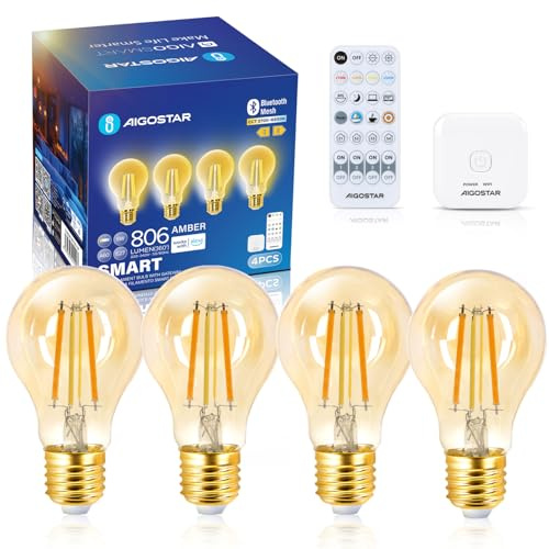 Aigostar Mesh Ampoule Connectée Alexa E27 Bluetooth Mesh A60, Ampoule LED Edison Vintage Lampe à Filament Dimmable 6W 2700K-6500K, Compatible avec Alexa, 4 Unité (avec Passerelle et Télécommande)