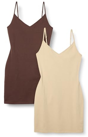 Amazon Essentials Abito Sottoveste A Strati in Cotone Slim Fit Donna, Pacco da 2, Cammello Chiaro/Marrone, L