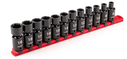 TEKTON 3/8 Inch Drive 6-Point Universal Joint Impact Socket Set with Rail, 12-Piece (8-19 mm) | SID97102 | 12-Piece, (8 - 19 mm), Shallow, 6-Point