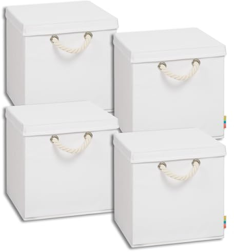Storanda | 4er Set Aufbewahrungsbox mit Deckel | Kordel Griffband | Stabile & Faltbare Boxen | Regalboxen für Würfelregal Kallax | Ideal für Zuhause & Kinderzimmer | 31x31x30 cm | Weiß