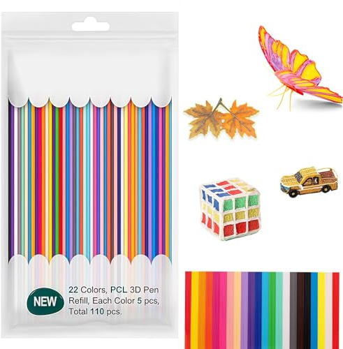 peiyee 2,5mm 3D Stift Filament Nachfüllpacks 110 Stück, 22 Farben 3D Doodler Pen Nachfüllungen PCL Filament für 3Doodlers Start Pen, 5 Filaments Nachfüllungen für Jede Farbe, Jeweils 15cm Lang