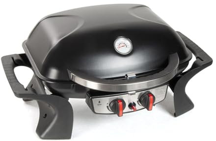 Barbacoa portátil de gas, 2 fuegos de 2,5 kW, parrilla de 52 x 39 cm, color negro