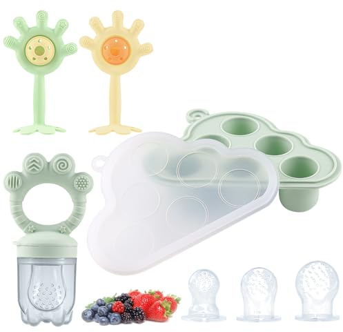 Juego de comedero de frutas para bebé y mordedores para bebés – 3 tamaños de silicona con moldes para helado de leche materna para congelar, 2 mordedores para aliviar los problemas dentales
