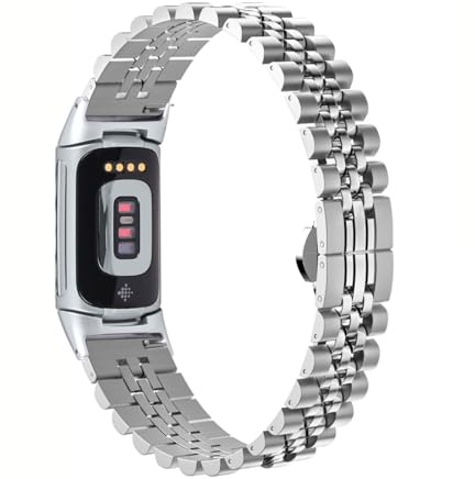 Metallarmband Kompatibel mit Google Fitbit Charge 6 Aktivitätstracker Massives Fünf-Fach Edelstahl Armband mit Schmetterling Schnalle, Ersatz Uhrenarmbänder
